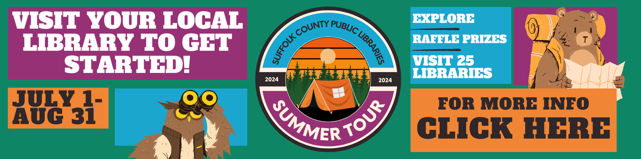 Summer Tour Graphic with text "visit your local library to get started" and "for more info, click here."