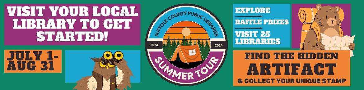 Summer Tour Graphic with text "visit your local library to get started" and "for more info, click here."